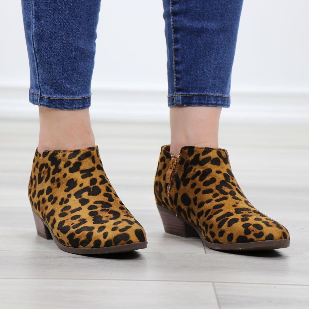 Faux Suede Leopard Low Heel Ankle Boots - Picture 4 of 13
